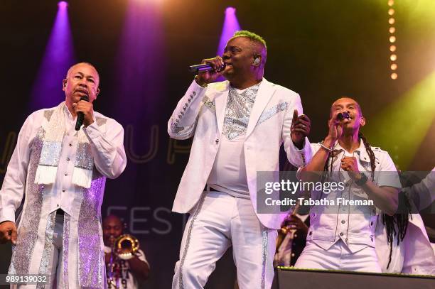 Ralph Johnson and Philip Bailey of Earth Wind & Fire perform on the Main Stage as headlining act on Day 3 of Love Supreme Festval on July 1, 2018 in...