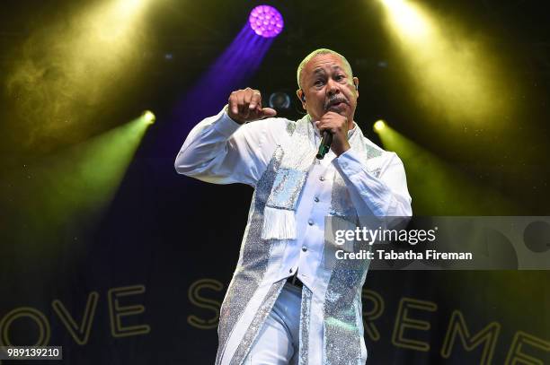 Ralph Johnson of Earth Wind & Fire perform on the Main Stage as headlining act on Day 3 of Love Supreme Festval on July 1, 2018 in Brighton, England.