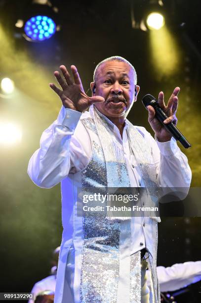 Ralph Johnson of Earth Wind & Fire performs on the Main Stage as headlining act on Day 3 of Love Supreme Festval on July 1, 2018 in Brighton, England.