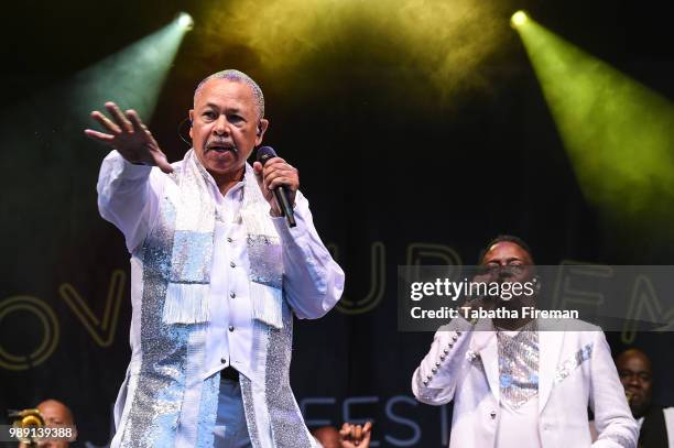 Ralph Johnson and Philip Bailey of Earth Wind & Fire perform on the Main Stage as headlining act on Day 3 of Love Supreme Festval on July 1, 2018 in...