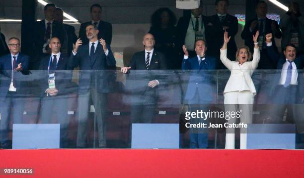 Prime Minister of Russia Dmitry Medvedev and his wife Svetlana Medvedeva celebrate the victory of Russia on penalty shootout while President of...