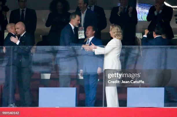 King Felipe VI of Spain congratulates Prime Minister of Russia Dmitry Medvedev and his wife Svetlana Medvedeva for the victory on a penalty shootout...