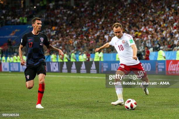 Mario Mandzukic of Croatia and Christian Eriksen of Denmark during the 2018 FIFA World Cup Russia Round of 16 match between 1st Group D and 2nd Group...