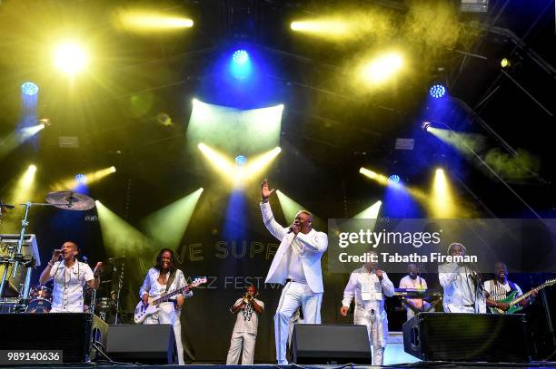 Verdine White, Ralph Johnson and Philip Bailey of Earth Wind & Fire perform as headlining act on the Main Stage on Day 3 of Love Supreme Festval on...