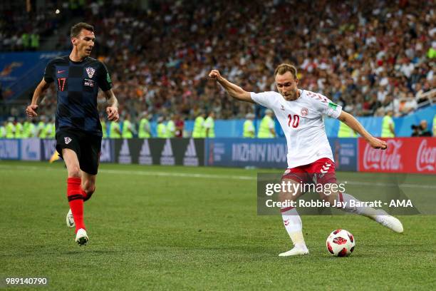 Mario Mandzukic of Croatia and Christian Eriksen of Denmark during the 2018 FIFA World Cup Russia Round of 16 match between 1st Group D and 2nd Group...