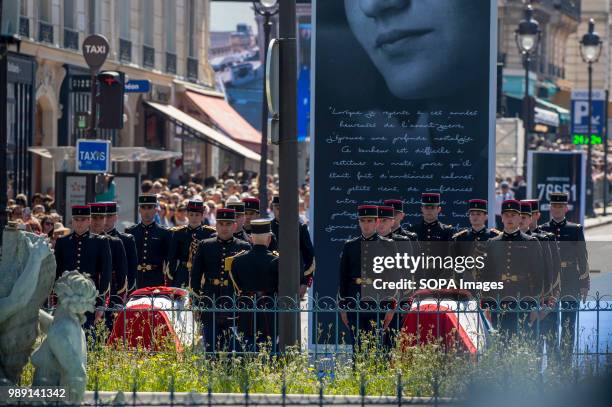 Soldiers standing next to the caskets of Simone and Antoine Veil. Burial ceremony at the Pantheon of former French politician and Holocaust survivor...