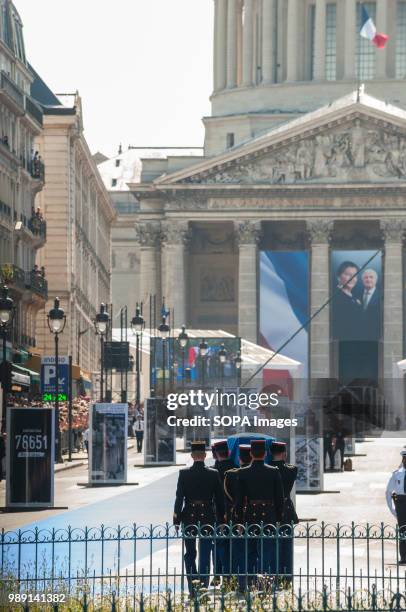 View of the entrance to the Pantheon during the burial ceremony. Burial ceremony at the Pantheon of former French politician and Holocaust survivor...