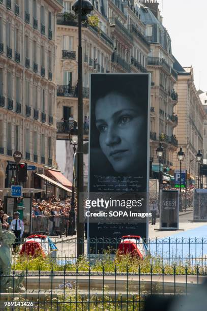 Portrait of Simone Veil during the burial ceremony. Burial ceremony at the Pantheon of former French politician and Holocaust survivor Simone Veil...
