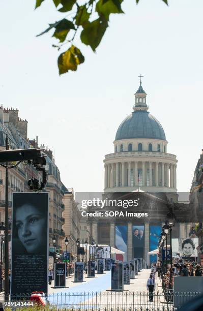 View of the entrance to the Pantheon during the burial ceremony. Burial ceremony at the Pantheon of former French politician and Holocaust survivor...