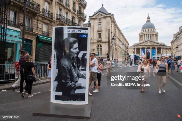 Portrait of Simone Veil is seen displayed in the street. The burial ceremony of former French politician and Holocaust survivor Simone Veil and her...
