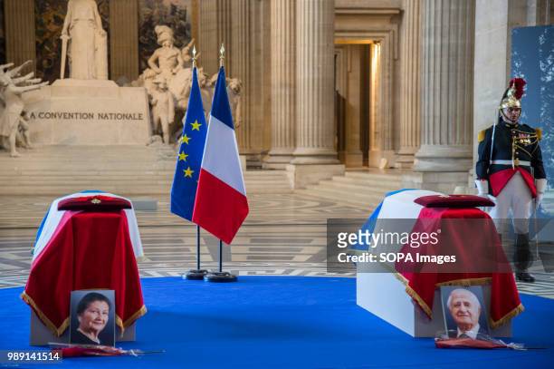 Caskets of the deceased during the ceremony. The burial ceremony of former French politician and Holocaust survivor Simone Veil and her husband...