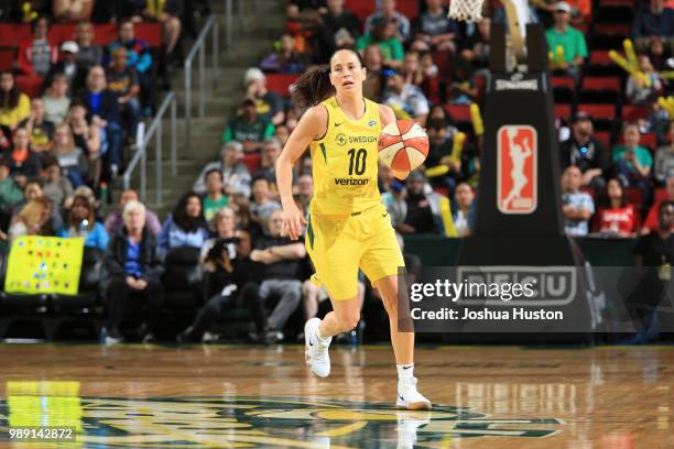 Sue Bird of the Seattle Storm handles the ball against the Connecticut Sun on July 1, 2018 at Key Arena in Seattle, Washington. NOTE TO USER: User...