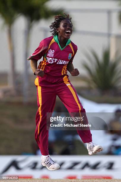 Shemaine Campbelle of West Indies celebrates taking a wicket during the ICC T20 Women's World Cup Group A match between West Indies and England at...