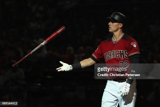 Jake Lamb of the Arizona Diamondbacks reacts after striking out to end the MLB game against the San Francisco Giants at Chase Field on July 1, 2018...