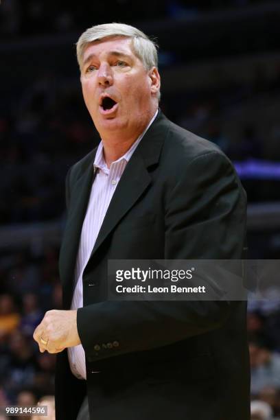 Head coach Bill Laimbeer of the Las Vegas Aces complains to the refs about a bad call against the Los Angeles Sparks during a WNBA basketball game at...