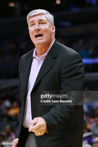 Head coach Bill Laimbeer of the Las Vegas Aces complains to the refs about a bad call against the Los Angeles Sparks during a WNBA basketball game at...