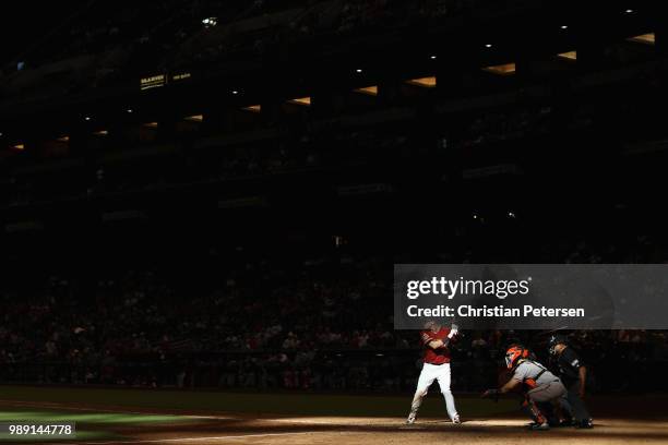 Jake Lamb of the Arizona Diamondbacks bats against the San Francisco Giants during the ninth inning of the MLB game at Chase Field on July 1, 2018 in...