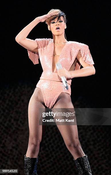 Rihanna performs on the first night of her UK tour at LG Arena on May 7, 2010 in Birmingham, England.