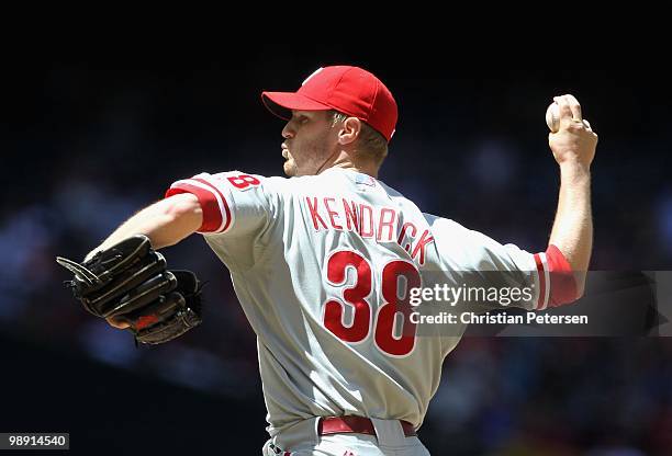 Starting pitcher Kyle Kendrick of the Philadelphia Phillies pitches against the Arizona Diamondbacks during the Major League Baseball game at Chase...