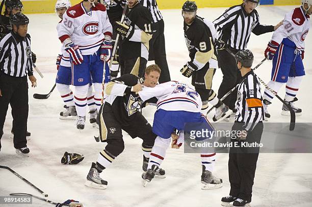 Pittsburgh Penguins Mark Eaton in action during fight vs Montreal Canadiens Travis Moen . Game 1. Pittsburgh, PA 4/30/2010 CREDIT: David E. Klutho