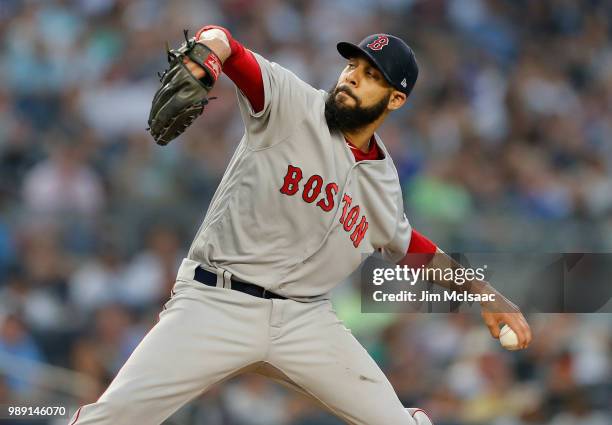 David Price of the Boston Red Sox pitches in the first inning against the New York Yankees at Yankee Stadium on July 1, 2018 in the Bronx borough of...