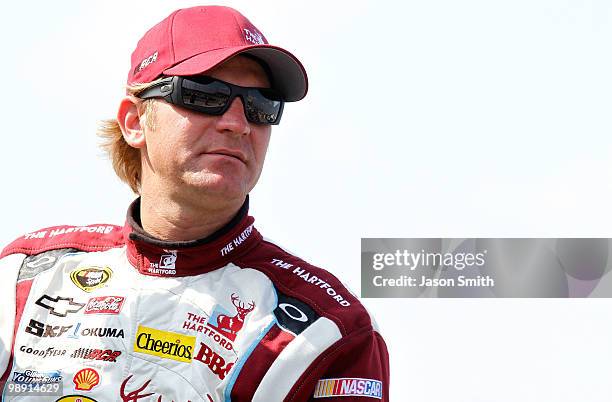 Clint Bowyer, driver of the The Hartford Chevrolet, looks on during qualifying for the NASCAR Sprint Cup Series SHOWTIME Southern 500 at Darlington...