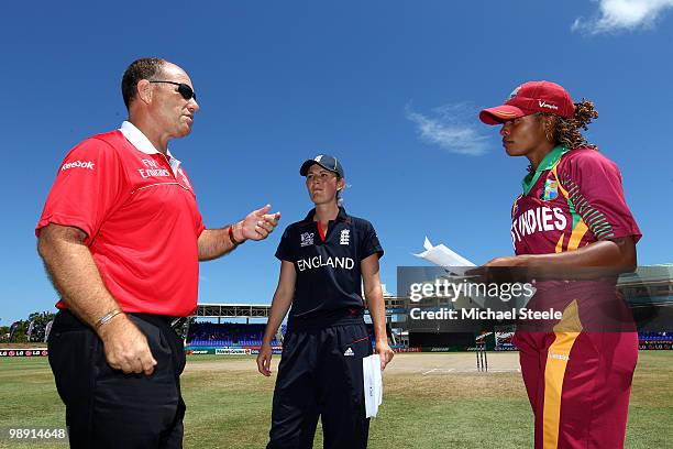 Match referee Andy Pycroft of Zimbabwe alongside Charlotte Edwards of England and Merissa Aguilleira of West Indies during the ICC T20 Women's World...