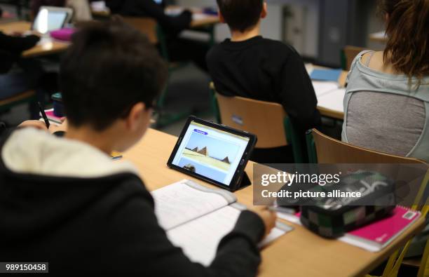 Students of the International School on the Rhine working with Ipads on their digital lessons in Neuss, Germany, 15 December 2017. The school has...