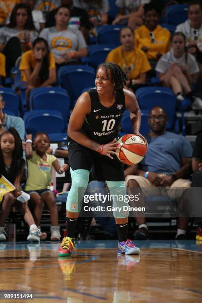 Epiphanny Prince of the New York Liberty handles the ball against the Chicago Sky on July 1, 2018 at Wintrust Arena in Chicago, Illinois. NOTE TO...