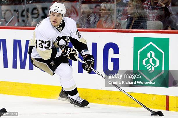 Alexei Ponikarovsky of the Pittsburgh Penguins skates with the puck in Game Four of the Eastern Conference Semifinals against the Montreal Canadiens...