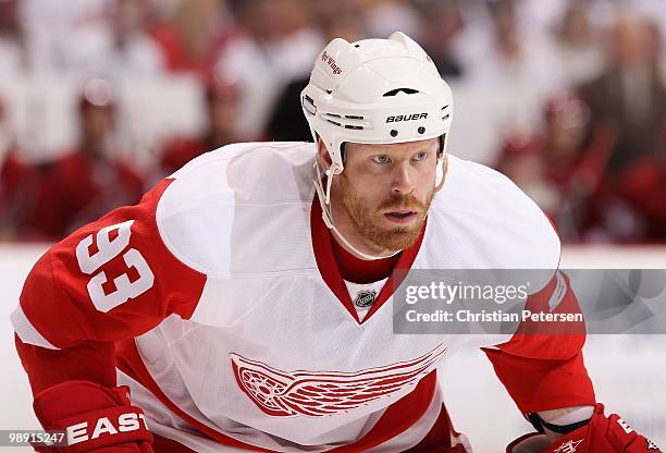 Johan Franzen of the Detroit Red Wings in action in Game Five of the Western Conference Quarterfinals against the Phoenix Coyotes during the 2010 NHL...