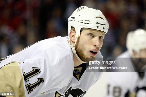 Jordan Staal of the Pittsburgh Penguins waits for a faceoff in Game Four of the Eastern Conference Semifinals against the Montreal Canadiens during...