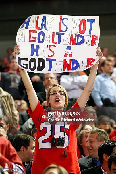 Montreal Canadiens fans holds up a sign in Game Four of the Eastern Conference Semifinals between the Pittsburgh Penguins and Montreal Canadiens...