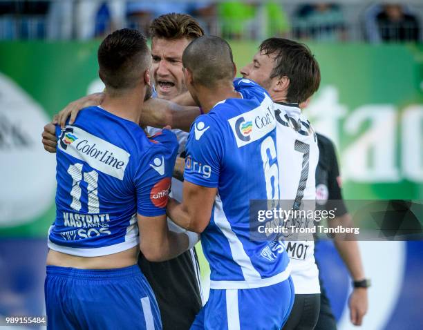 Nicklas Bendtner, Mike Jensen of Rosenborg, Flamur Kastrati, Mohamed Ofkir during Sandefjord v Rosenborg at Komplett Arena on July 1, 2018 in...