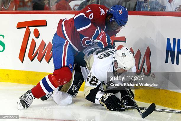 Subban of the Montreal Canadiens body checks Ruslan Fedotenko of the Pittsburgh Penguins in Game Four of the Eastern Conference Semifinals during the...