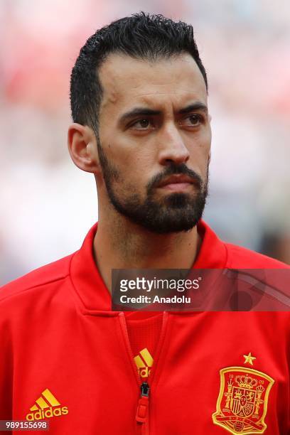 Sergio Busquets of Spain is seen ahead of the 2018 FIFA World Cup Russia Round of 16 match between Spain and Russia at the Luzhniki Stadium in...
