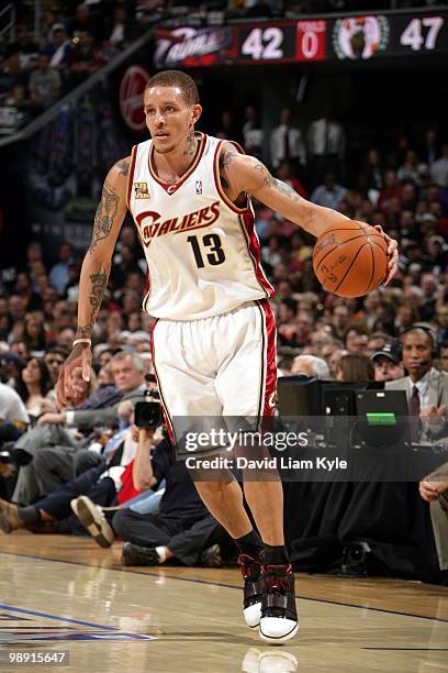 Delonte West of the Cleveland Cavaliers moves the ball up court against the Boston Celtics in Game Two of the Eastern Conferense Semifinals during...