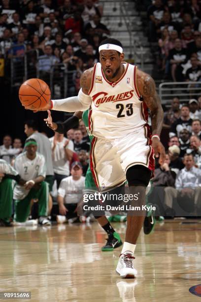 LeBron James of the Cleveland Cavaliers drives the ball up court in Game Two of the Eastern Conferense Semifinals against the Boston Celtics during...