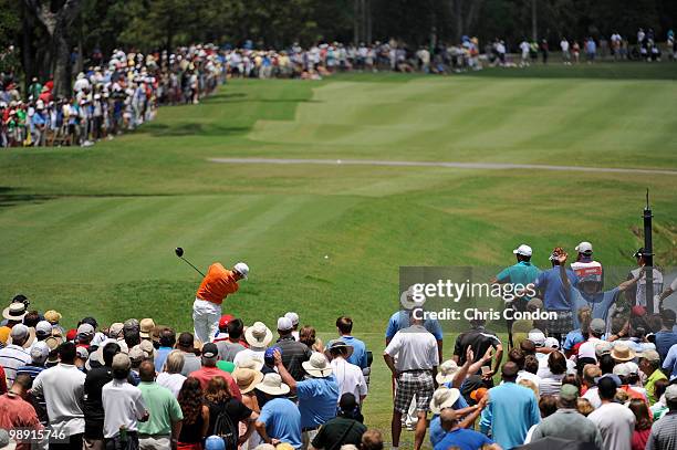 Hunter Mahan tees off on during the second round of THE PLAYERS Championship on THE PLAYERS Stadium Course at TPC Sawgrass on May 7, 2010 in Ponte...