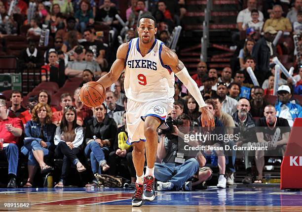 Andre Iguodala of the Philadelphia 76ers dribbles the ball downcourt against the Toronto Raptors during the game at Wachovia Center on April 3, 2010...