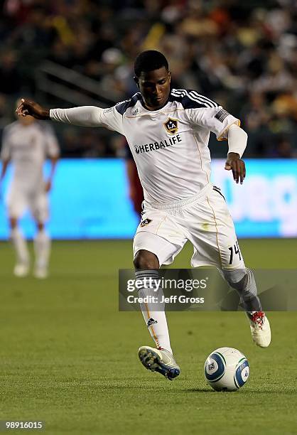 Edson Buddle of the Los Angeles Galaxy controls the ball against Real Salt Lake at the Home Depot Center on April 17, 2010 in Carson, California.