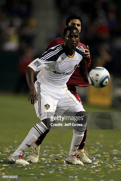 Edson Buddle of the Los Angeles Galaxy controls the ball against Real Salt Lake at the Home Depot Center on April 17, 2010 in Carson, California.