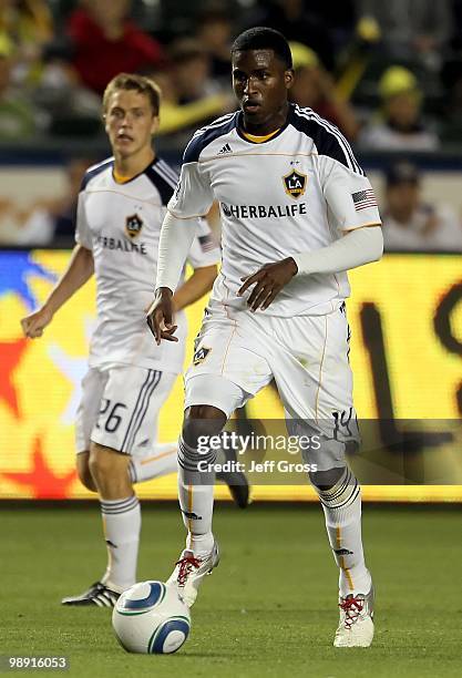 Edson Buddle of the Los Angeles Galaxy controls the ball against Real Salt Lake at the Home Depot Center on April 17, 2010 in Carson, California.