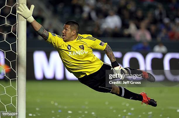 Goalkeeper Nick Rimando of Real Salt Lake dives during the game against the Los Angeles Galaxy at the Home Depot Center on April 17, 2010 in Carson,...