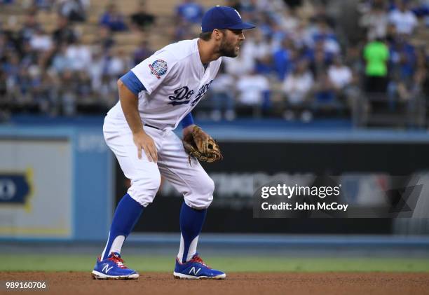 Chris Taylor of the Los Angeles Dodgers plays short stop against the Colorado Rockies in the third inning at Dodger Stadium on June 29, 2018 in Los...