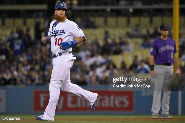 Justin Turner of the Los Angeles Dodgers runs to second base in the fourth inning agisnt the Colorado Rockies at Dodger Stadium on June 29, 2018 in...