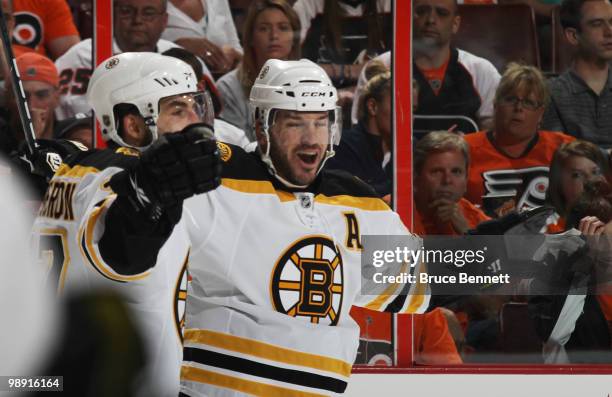 Mark Recchi of the Boston Bruins celebrates his first period goal against the Philadelphia Flyers in Game Four of the Eastern Conference Semifinals...