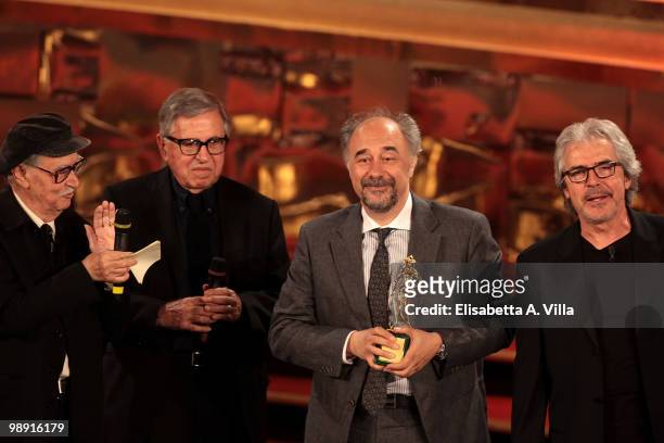 Tullio Solenghi, Vittorio Taviani, Paolo Taviani, Giorgio Diritti and Tullio Solenghi attend the 'David Di Donatello' Italian Movie Awards on May 7,...