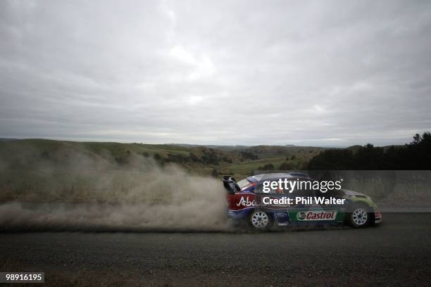 Jari-Matti Latvala and co-driver Jarmo Lehtinen of Finland drive their Ford Focus RS WRC during stage 10 of the WRC Rally of New Zealand at Glen...