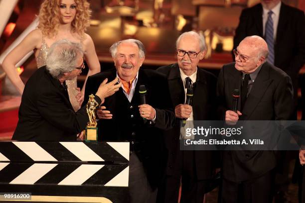 Tullio Solenghi, Tonino Guerra, Paolo Taviani and Vittorio Taviani attend the 'David Di Donatello' Italian Movie Awards on May 7, 2010 in Rome, Italy.